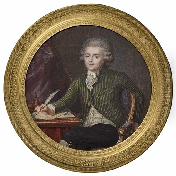 A Gentleman In Green Striped Jacket, Seated At A Desk In An Interior Oil Painting by Joseph (Derunton) Deranton