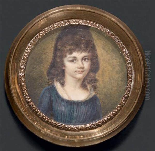 Portrait De Jeune Fille, En Buste Presque De Face, En Robe De Voile Bleu, Sa Chevelure, En Larges Boucles, Retombant Sur Ses Epaules Oil Painting by Joseph (Derunton) Deranton