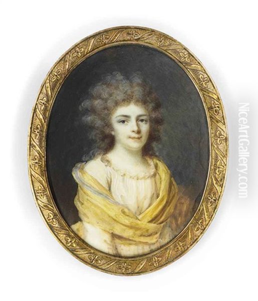 A Young Lady, In White Dress With Frilled Collar, Wearing A Silver-bordered Yellow Shawl Across Her Shoulders, Crossing Over At Her Waist, Powdered Curling Hair Oil Painting by Joseph (Derunton) Deranton