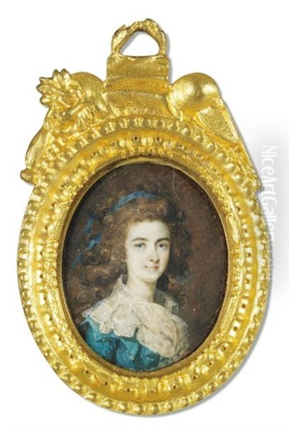 Portrait De Jeune Femme A La Robe Bleue Et Large Col De Dentelle, Sa Chevelure Retenue Par Un Ruban by Joseph (Derunton) Deranton