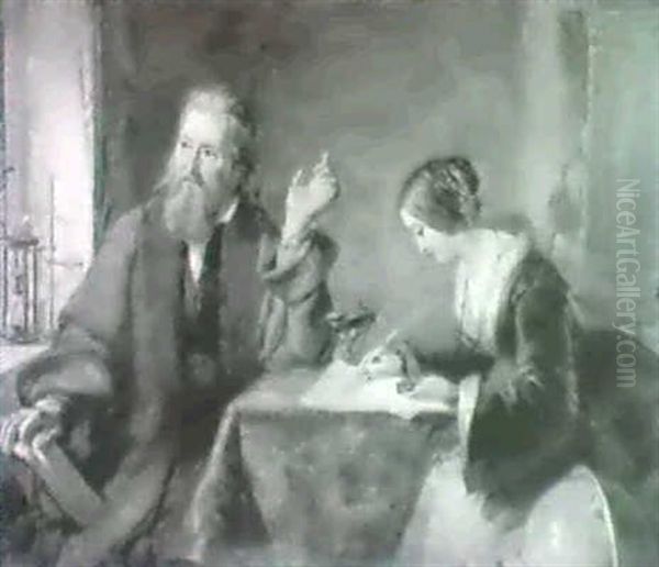 Portrait Of Sir John Frederickwilliam Herschel (1792-1871)  Dictating To His Daughter In The Study Of His House Oil Painting by Alfred Thomas Derby