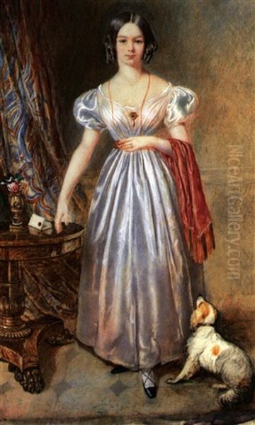 Portrait Einer Jungen Frau Mit Stopsellocken Im Schulterfreien Kleid, Zu Fusen Kleiner Hund Oil Painting by William Derby