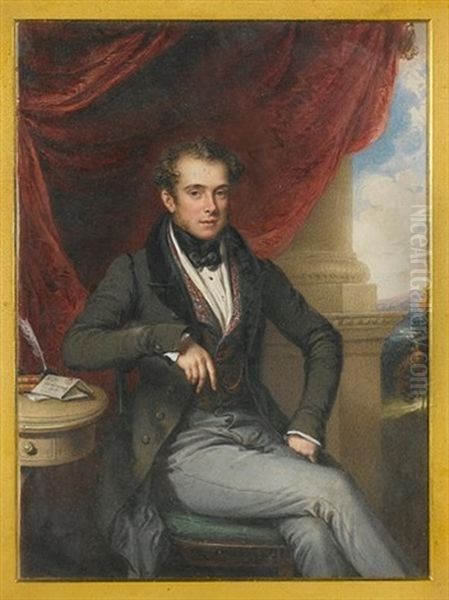 George Ralph Abercromby, 3rd Baron Abercromby Of Aboukir And Tullibody, Seated On A Green Upholstered Chair, Wearing Slate-grey Trousers And A Moss-green Coat With Velvet Lapels Oil Painting by William Derby