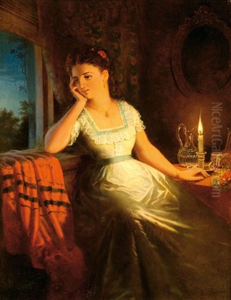 Lady By Candlelight Oil Painting by Gerrit Jan Derens