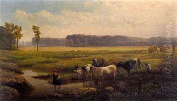 Anvers, Landscape With Cattle Watering Oil Painting by Louis Derickx