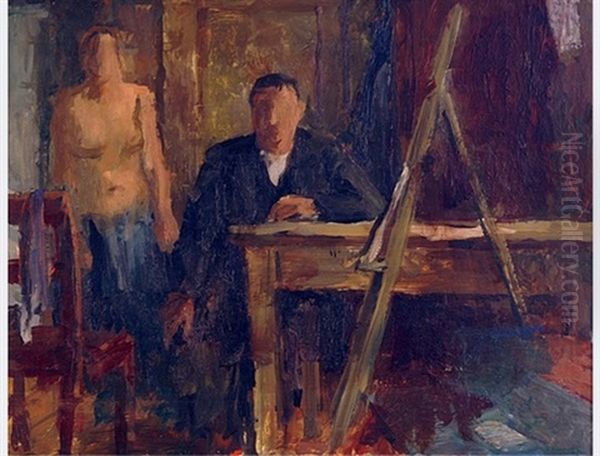 Artist And Model Oil Painting by Fritz Deringer