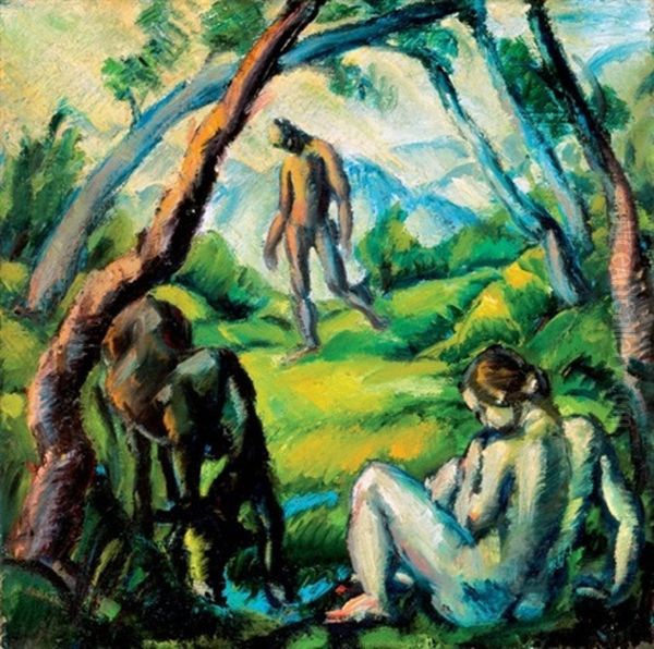 Aktok Tajban (nudes In Landscape) Oil Painting by Gyula Derkovits