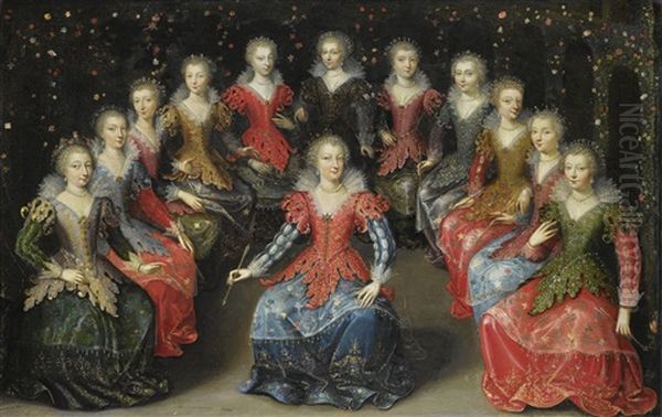 An Allegory Of Love [?]: Twelve Noblewomen Seated In A Garden, Each Holding An Arrow Oil Painting by Claude Deruet