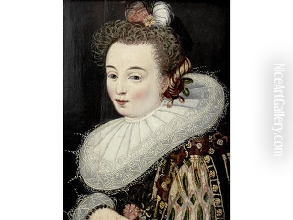 Portrait Of A Lady, Half-length, In A Black Lace Costume, White Lace Ruff And A Plumed Headdress Oil Painting by Claude Deruet