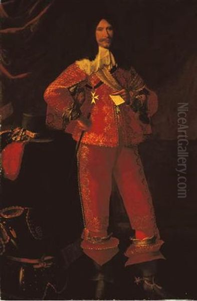 Portrait Of A Nobleman In A Red And Gold Embroidered Suit With The Cross Of Malta, A Cane In His Right Hand Oil Painting by Claude Deruet