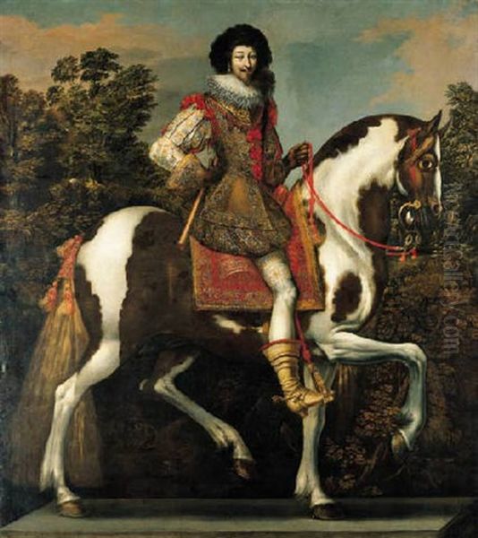 Equestrian Portrait Of A Nobleman (the Duke Of Buckingham?), In An Embroidered Coat With Red Ribbons And Lace Ruff Oil Painting by Claude Deruet