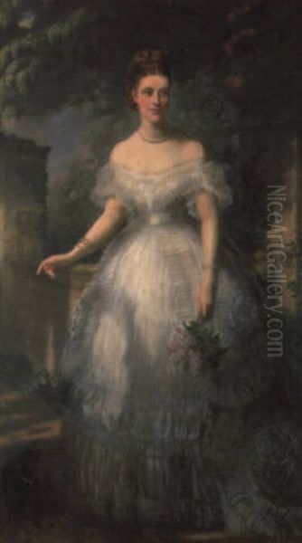 Full Length Portrait Of Emma Mary Ashton With Her Dog, In A Garden Oil Painting by Louis William Desanges