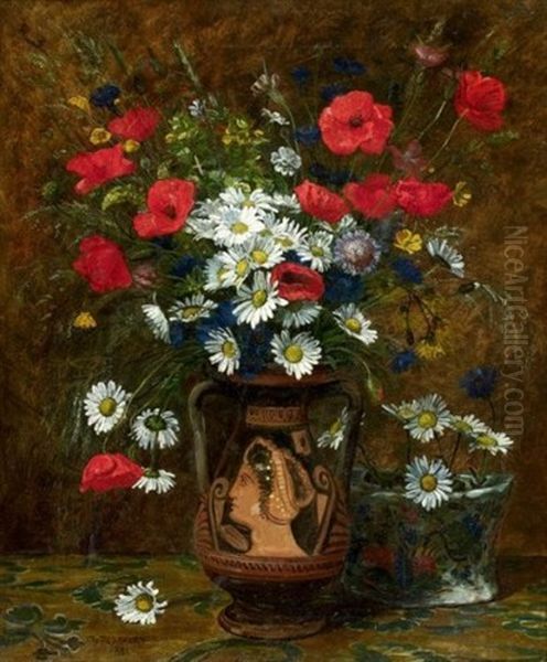 Bouquet De Coquelicots, Marguerites Et Autres Fleurs Dans Un Vase Grec Oil Painting by Charles-Paul Desavary