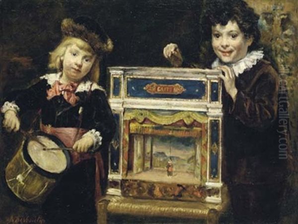 Les Deux Fils De L'artiste Jouant Avec Leur Theatre A Marionnettes Oil Painting by Marcellin Gilbert Desboutin