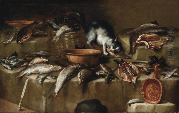 Natura Morta Di Pesci Con Un Gatto Oil Painting by Bartolomeo Arbotori