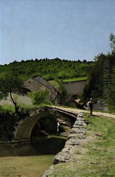 Franzosische Sommerlandschaft Mit Steinbrucke Oil Painting by Jean Alfred Desbrosses