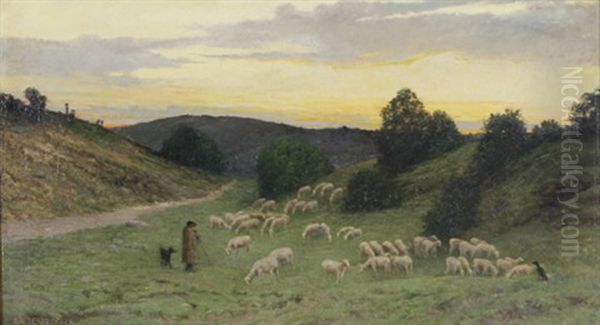 Schafer Mit Seiner Herde Bei Sonnenuntergang Oil Painting by Jean Alfred Desbrosses