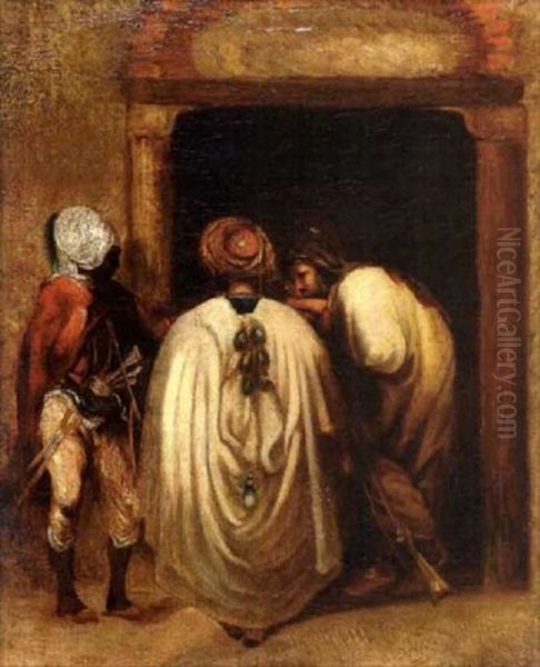 Discussion A La Porte Du Palais En Orient Oil Painting by Alexandre Gabriel Descamps