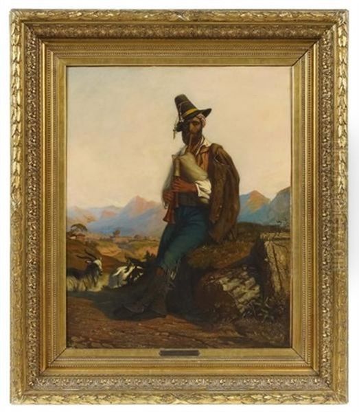 Dudelsack Spielender Hirte Vor Einer Weiten Gebirgslandschaft Oil Painting by Guillaume Desire Joseph Descamps