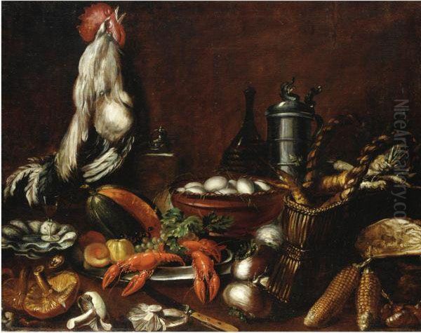 Natura Morta Con Gamberi, Ortaggi, Gallo E Boccale Oil Painting by Bartolomeo Arbotori