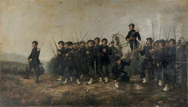 Chasseurs A Pied Oil Painting by Paul Descelles