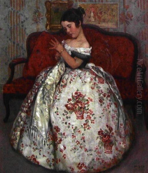 Fillette A La Robe A Fleurs Oil Painting by Auguste Theodore Desch