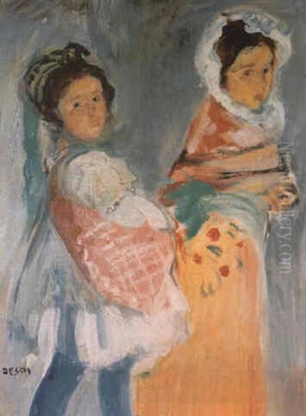 Deux Petites Filles Oil Painting by Auguste Theodore Desch