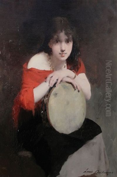 Lady With A Tambourine Oil Painting by Louis Henri Deschamps