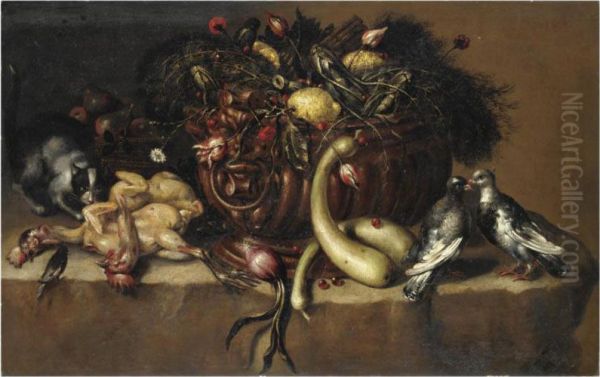 Natura Morta Con Ortaggi, Limoni, Colombe, Pollame E Un Gatto Oil Painting by Bartolomeo Arbotori