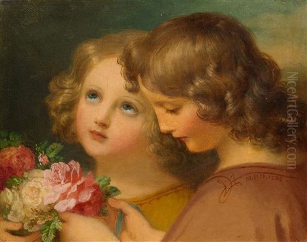 Zwei Kinder Mit Rosen Oil Painting by Melchior Paul Von Deschwanden