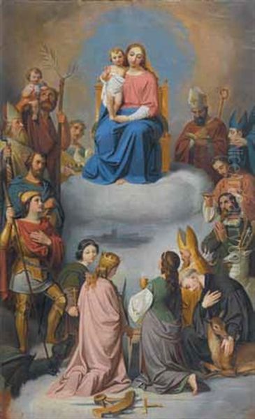 Thronende Madonna Umringt Von Den 14 Nothelfern Oil Painting by Melchior Paul Von Deschwanden