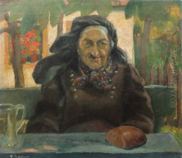 Frau An Einem Tisch In Bluhendem Garten Sitzend Oil Painting by Alexander Desclabissac