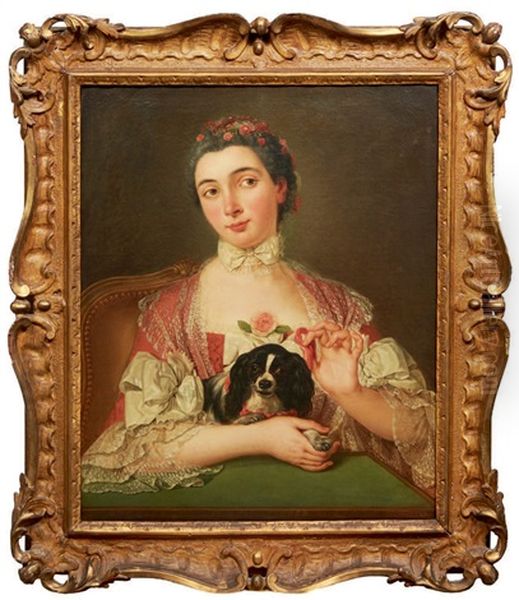 Portrait De Femme Avec Son Chien Oil Painting by Michel Hubert Descours