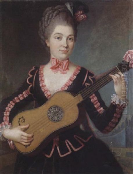 Portrait De Jeune Femme Jouant De La Guitare Oil Painting by Michel Hubert Descours