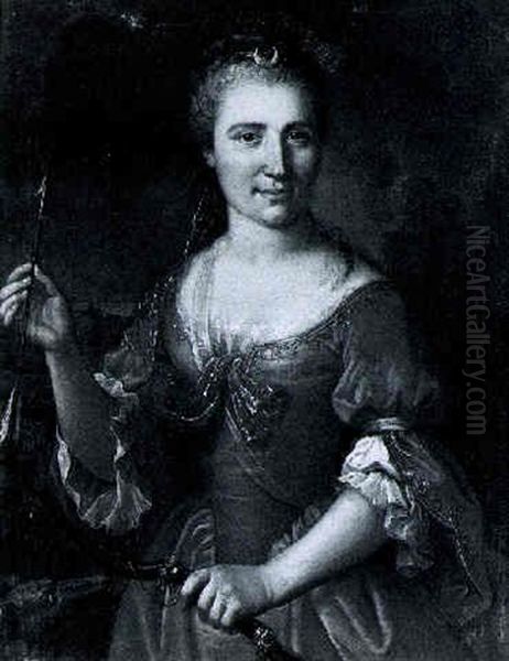 Portrait Of A Lady As Diana, Three Quarter Length, In A Landscape Oil Painting by Michel Hubert Descours