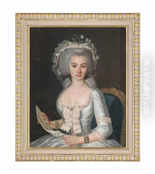 Portrait Of A Lady, Half-length, Seated In A White Dress With A Ribbon, Holding A Musical Score Oil Painting by Michel Pierre Descours