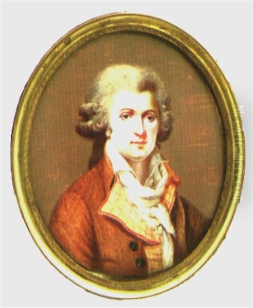 Portrait D'homme En Perruque Blanche, Redingote Brique Et Gilet Beige A Carreaux Rouges Oil Painting by Charles-Henri Desfossez