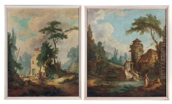 Paysage Aux Lavandieres Aupres D'une Tour (+ Paysage A La Bergere Aupres D'une Petite Ferme; 2 Works) Oil Painting by Aignan Thomas Desfriches