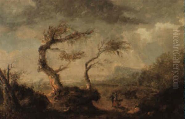 Paysage De Tempete Avec Un Couple Marchant Sur Un Chemin Oil Painting by Aignan Thomas Desfriches