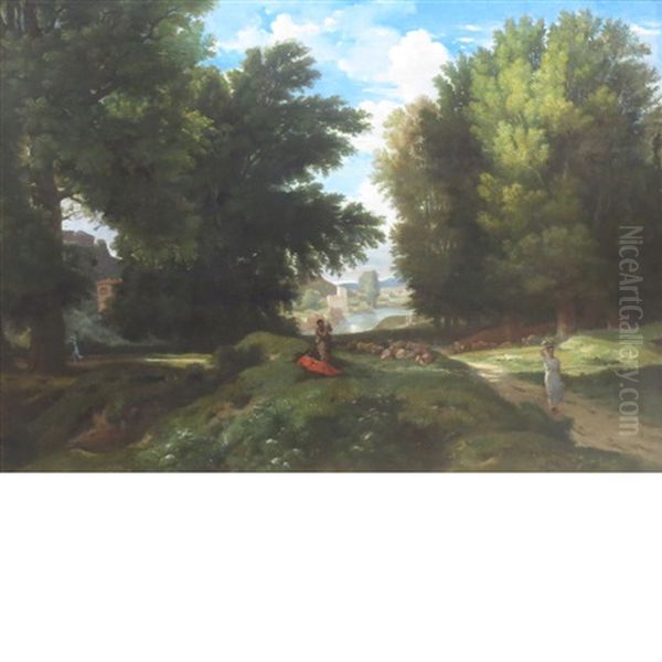 Figures In A Wooded Landscape Oil Painting by Alexandre Desgoffe