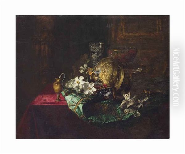 Flowers, A Crystal Goblet, A Gold Charger, An Alabaster Goblet And An Enamelled Plaque On A Green Satin Robe On A Draped Table Oil Painting by Blaise Alexandre Desgoffe