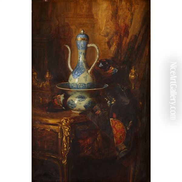 Still Life With Ewer And Accoutrements On Gilt Mounted Bureau Plat by Blaise Alexandre Desgoffe