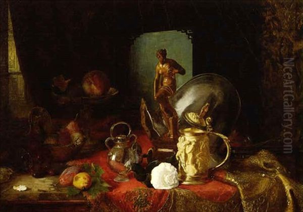 A Still Life With Fruit, Objets D'arts And A White Rose On A Table Oil Painting by Blaise Alexandre Desgoffe