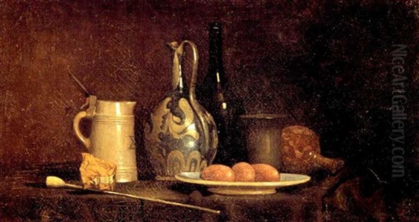 Nature Morte Aux Pichets Et Assiette Bleue Sur Un Entablement Oil Painting by Blaise Alexandre Desgoffe