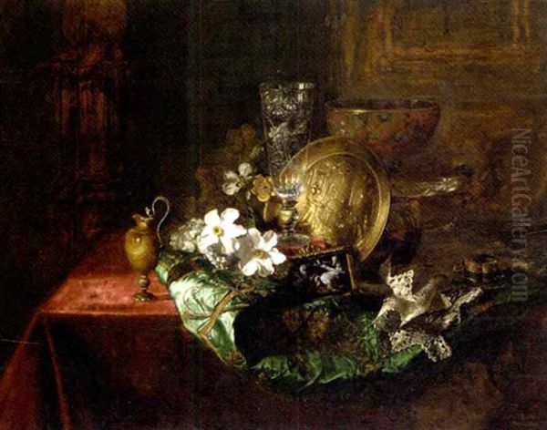 Flowers, A Crystal Goblet, A Gold Charger, An Alabaster Goblet And An Enamelled Plaque On A Green Satin Robe On A Draped Table Oil Painting by Blaise Alexandre Desgoffe