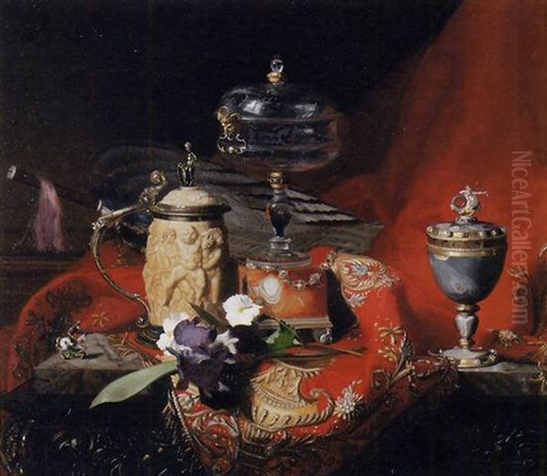 A Silver-mounted Ivory Tankard, A Renaissance Silver-gilt-mounted Agate Cup And A Renaissance Etched Glass On An Agate Stand With An Iris On A Draped Marble Ledge Oil Painting by Blaise Alexandre Desgoffe