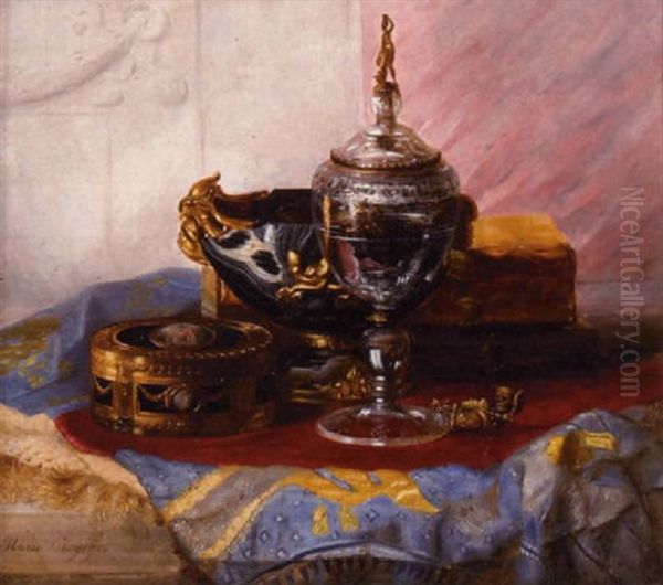 A Still Life With A Lady's Gold Box, A Crystal Chalice And Other Objects On A Table Oil Painting by Blaise Alexandre Desgoffe