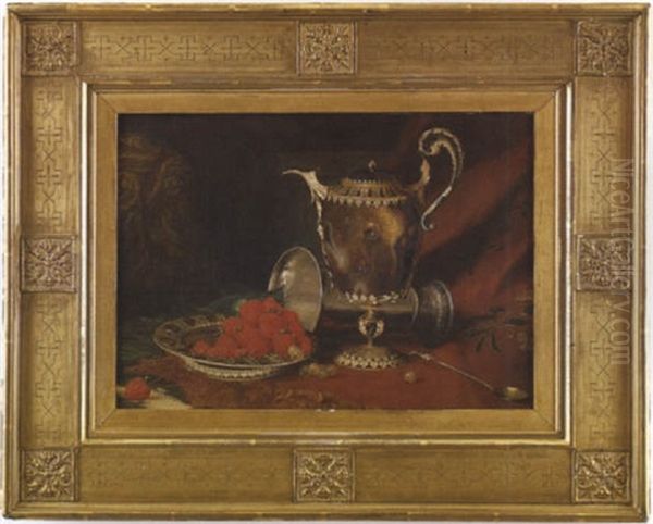 Still Life With Central Ewer, Plate Of Red Raspberries And Grapes, Beside A Silver Spoon And Overturned Tankard Oil Painting by Blaise Alexandre Desgoffe