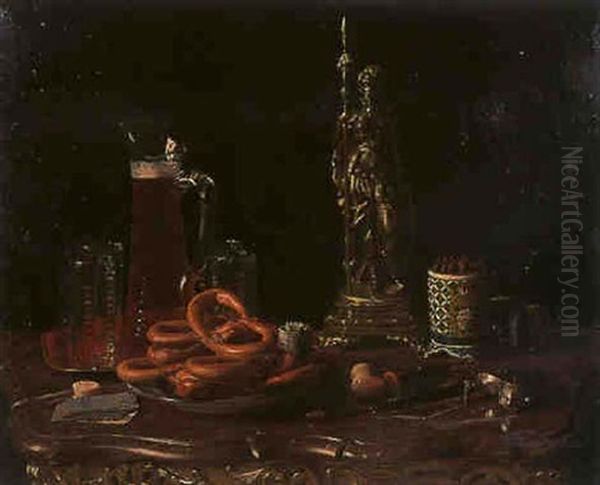 Nature Morte Aux Bretzels, Pichet De Biere Et Pipe Oil Painting by Blaise Alexandre Desgoffe