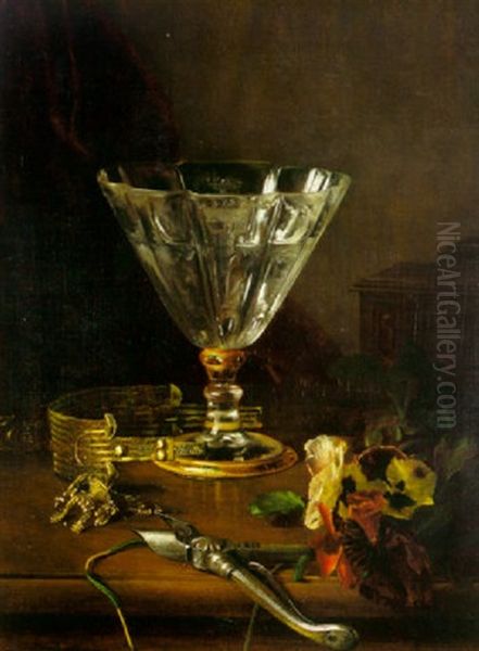 A Still Life With An Etched Baccarat Goblet, A Gold Bangle, Pansies And Secaturs On A Tabletop Oil Painting by Blaise Alexandre Desgoffe